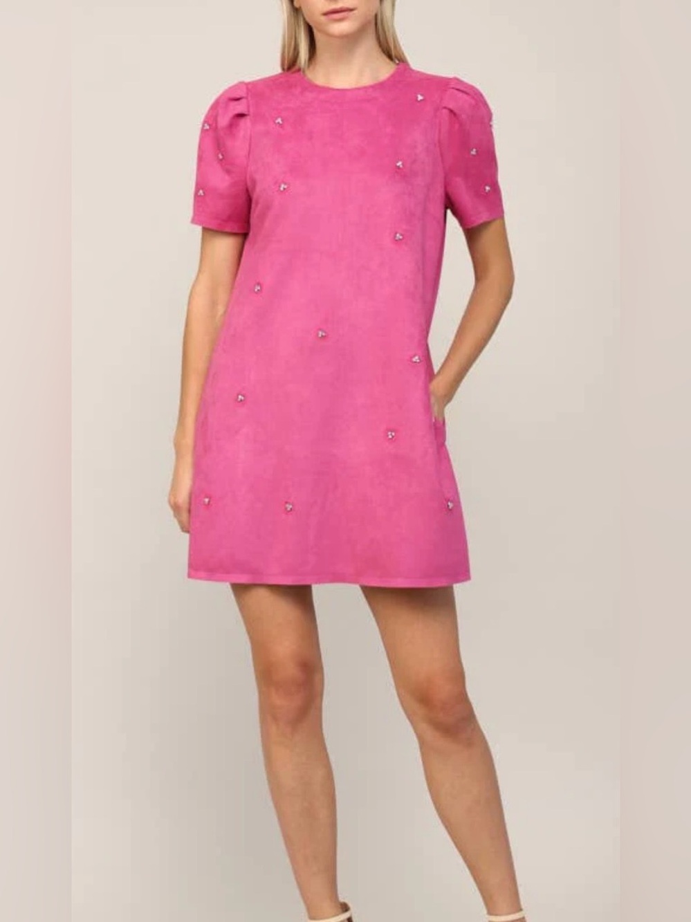 Fate Bubblegum Pink Jewel Embellished Puff Sleeve Shift Dress Small Faux Suede
